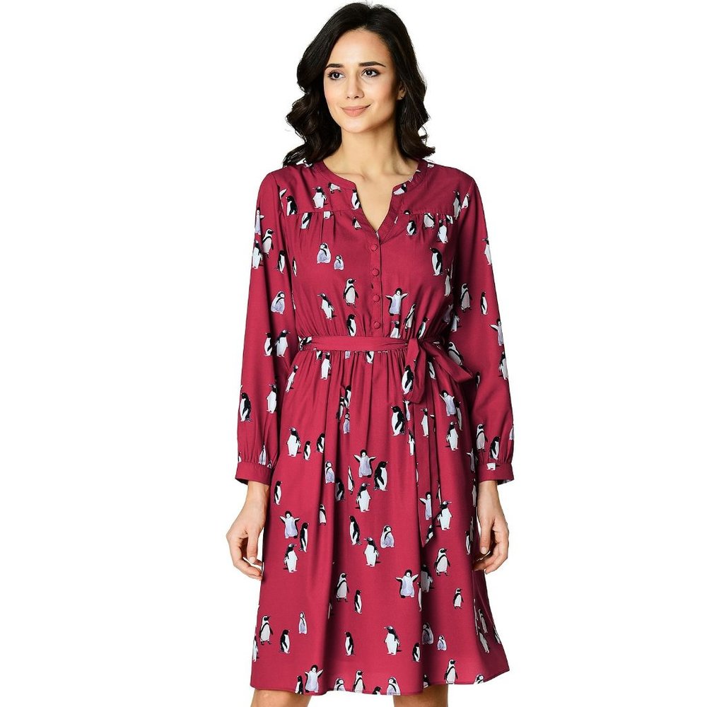 Eshakti penguin print sash-tie shirtdress,…